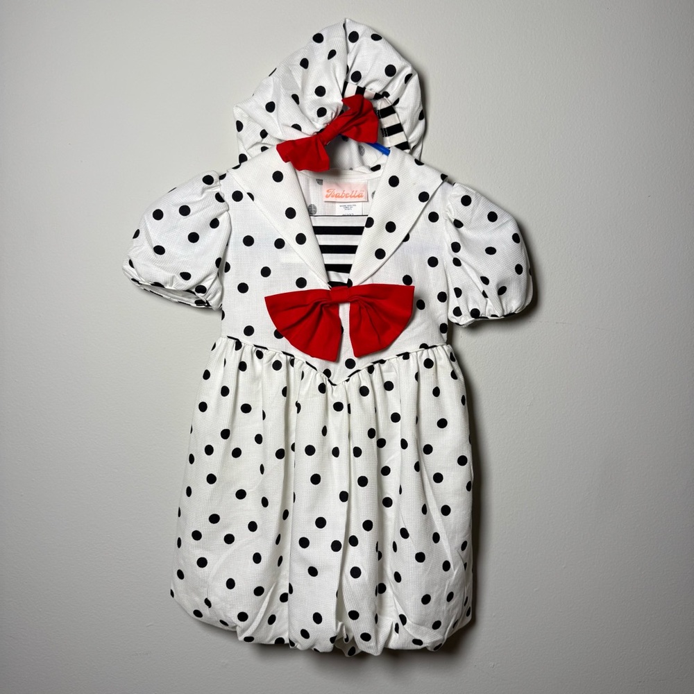 Vintage Isabella Girl’s Polka Dot Sailor Dress & Matching Beret Hat Size 5 1980s